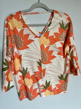 Ava Sky Floral V-Neck Long Sleeve Top in Orange, Cream & Green